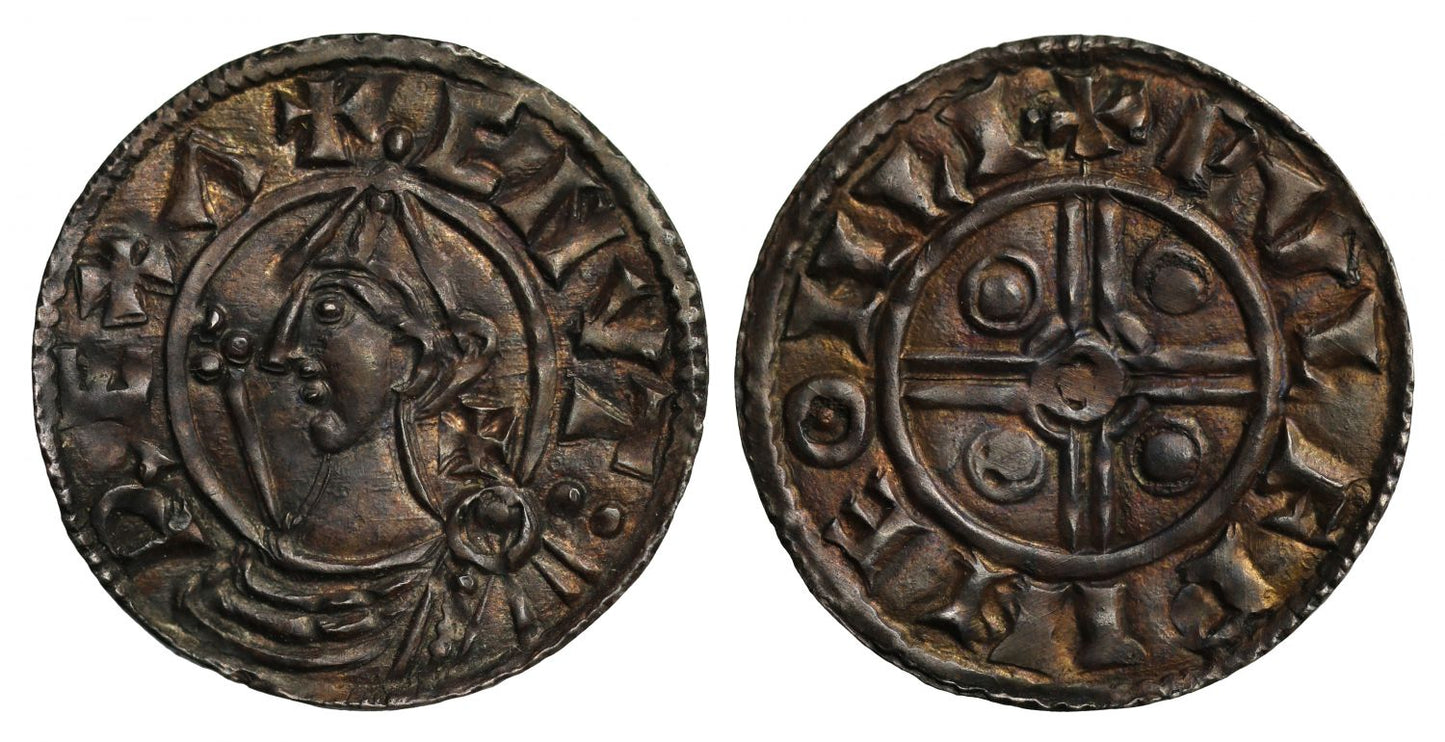 Canute Penny, Helmet type, Lincoln, Wulfwine, extra cross by neck, ex Conte