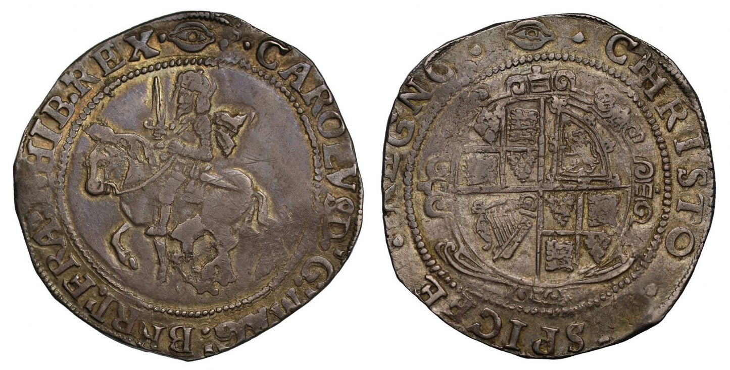 Charles I Halfcrown AU50, Tower Under Parliament, mm eye, unusual legends