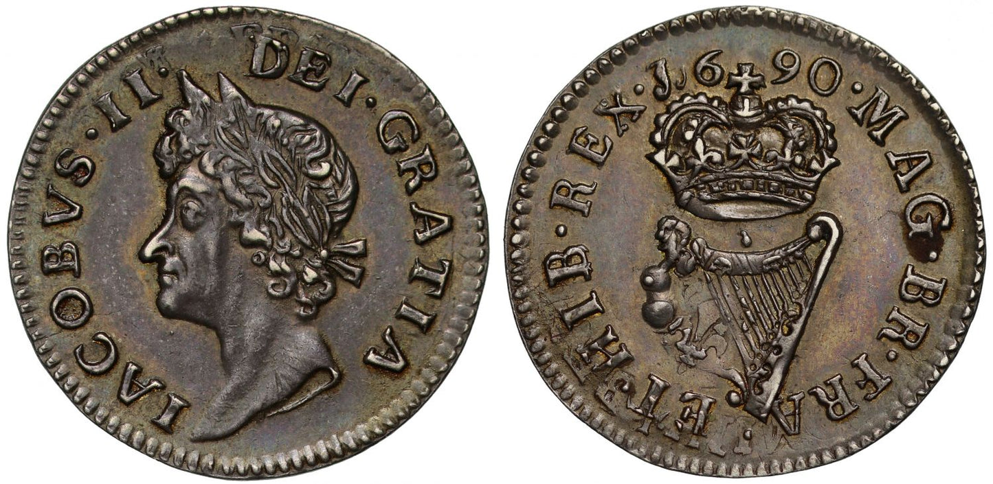 Ireland, James II 1690 silver proof Halfpenny, over France Louis XIV 1/12th-Ecu