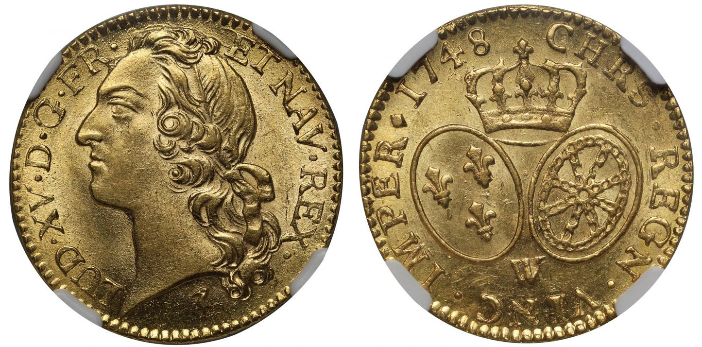 France, Louis XV 1748-W Louis d'or au bandeau MS64, second finest