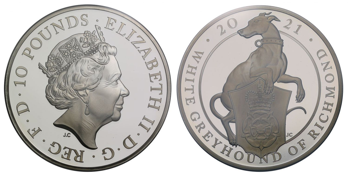 * Elizabeth II 2021 silver 5oz Queen's Beast White Greyhound