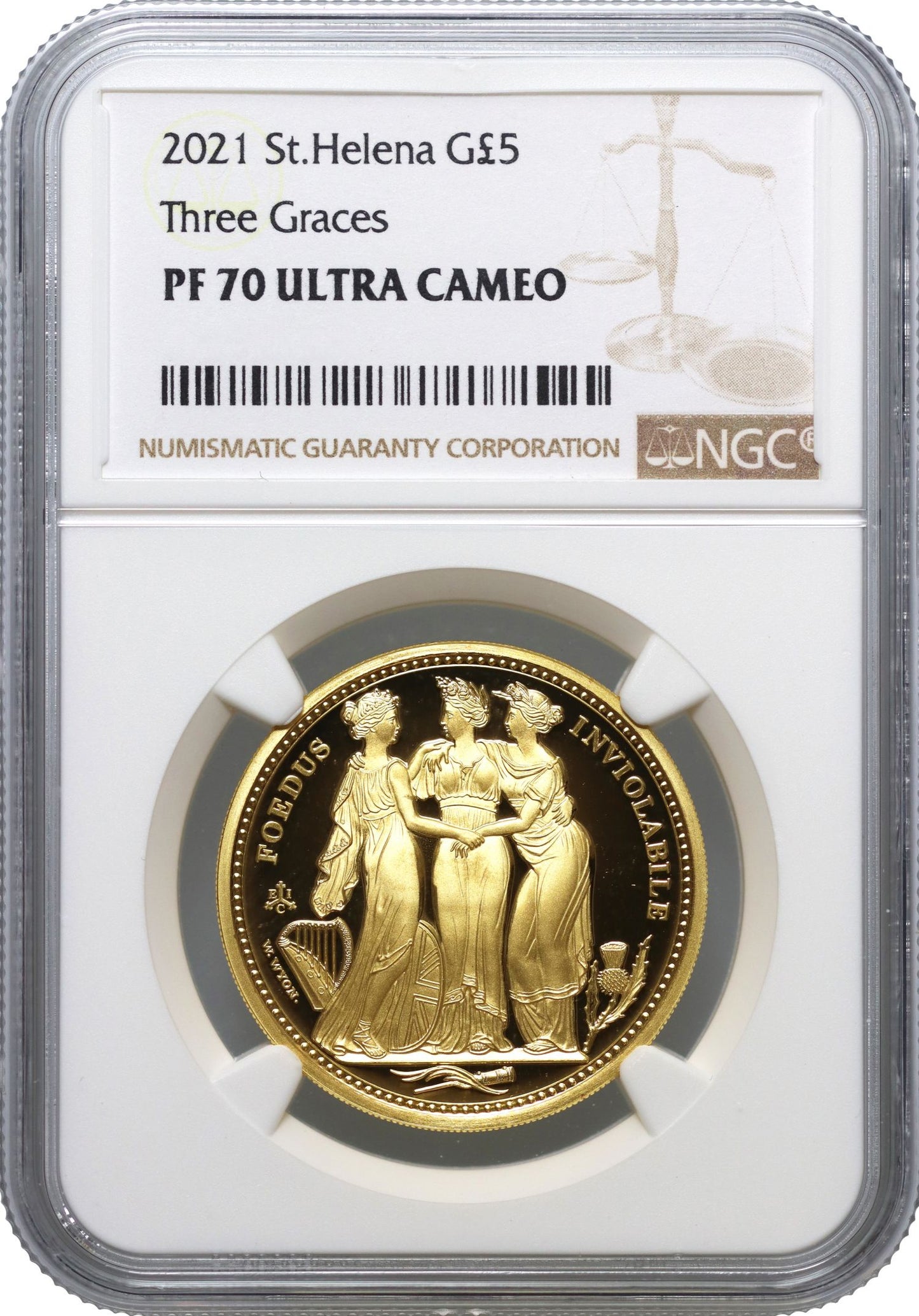 EIC St Helena 2021 gold PF70 UC 1oz Three Graces