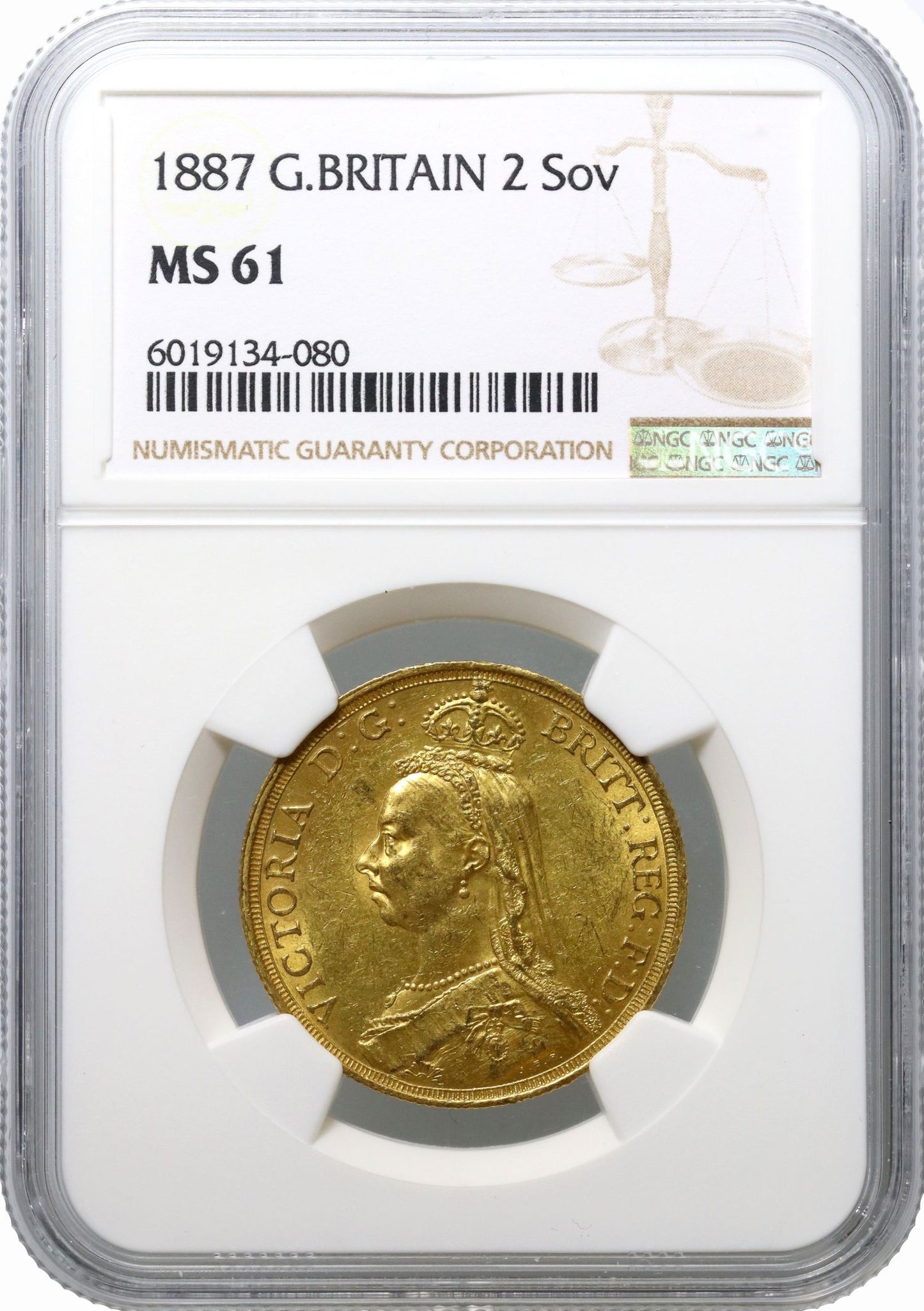 Victoria 1887 Two-Pounds, Golden Jubilee, MS61 small BP short date