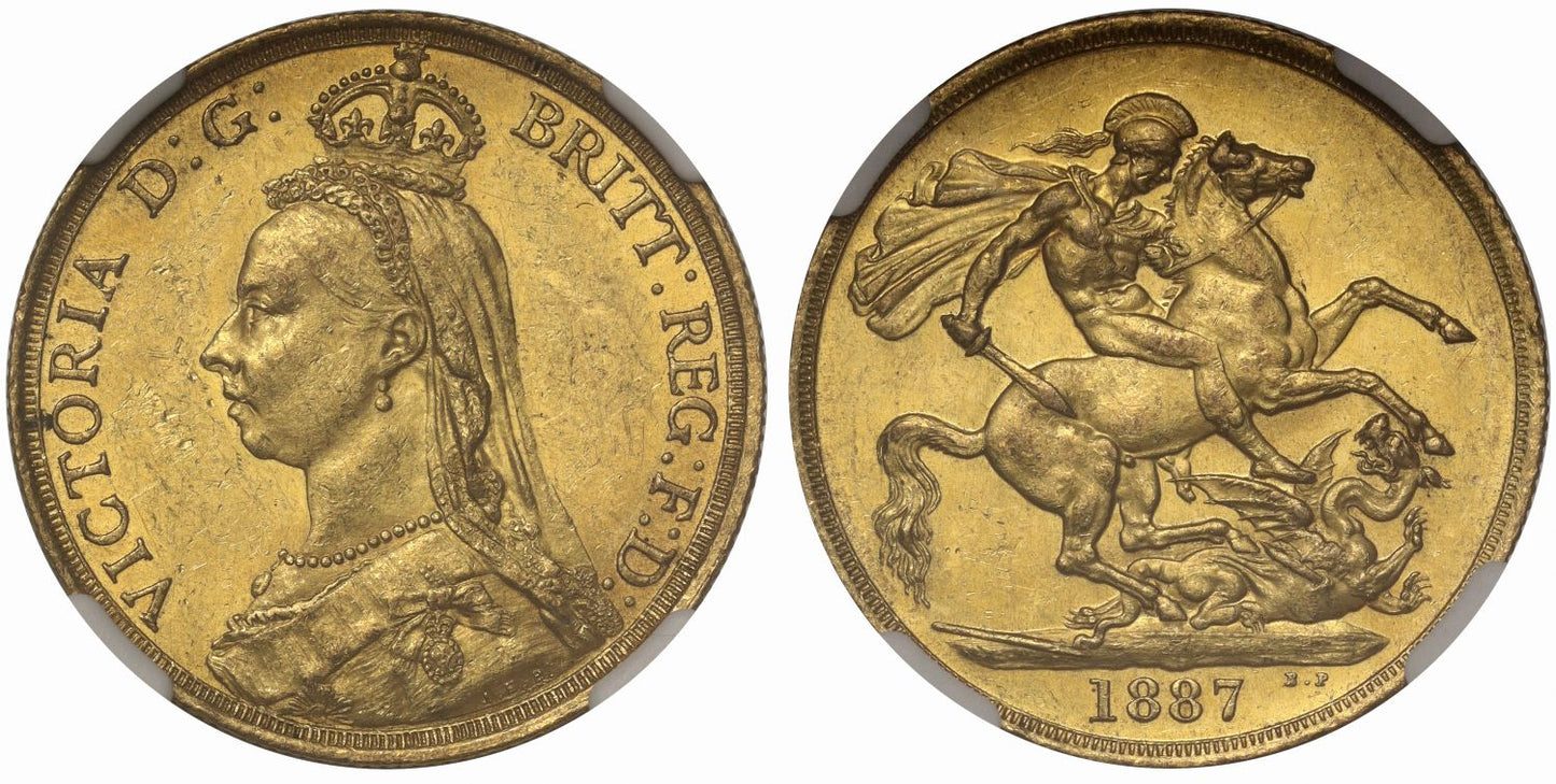 Victoria 1887 Two-Pounds, Golden Jubilee, MS61 large BP taller date