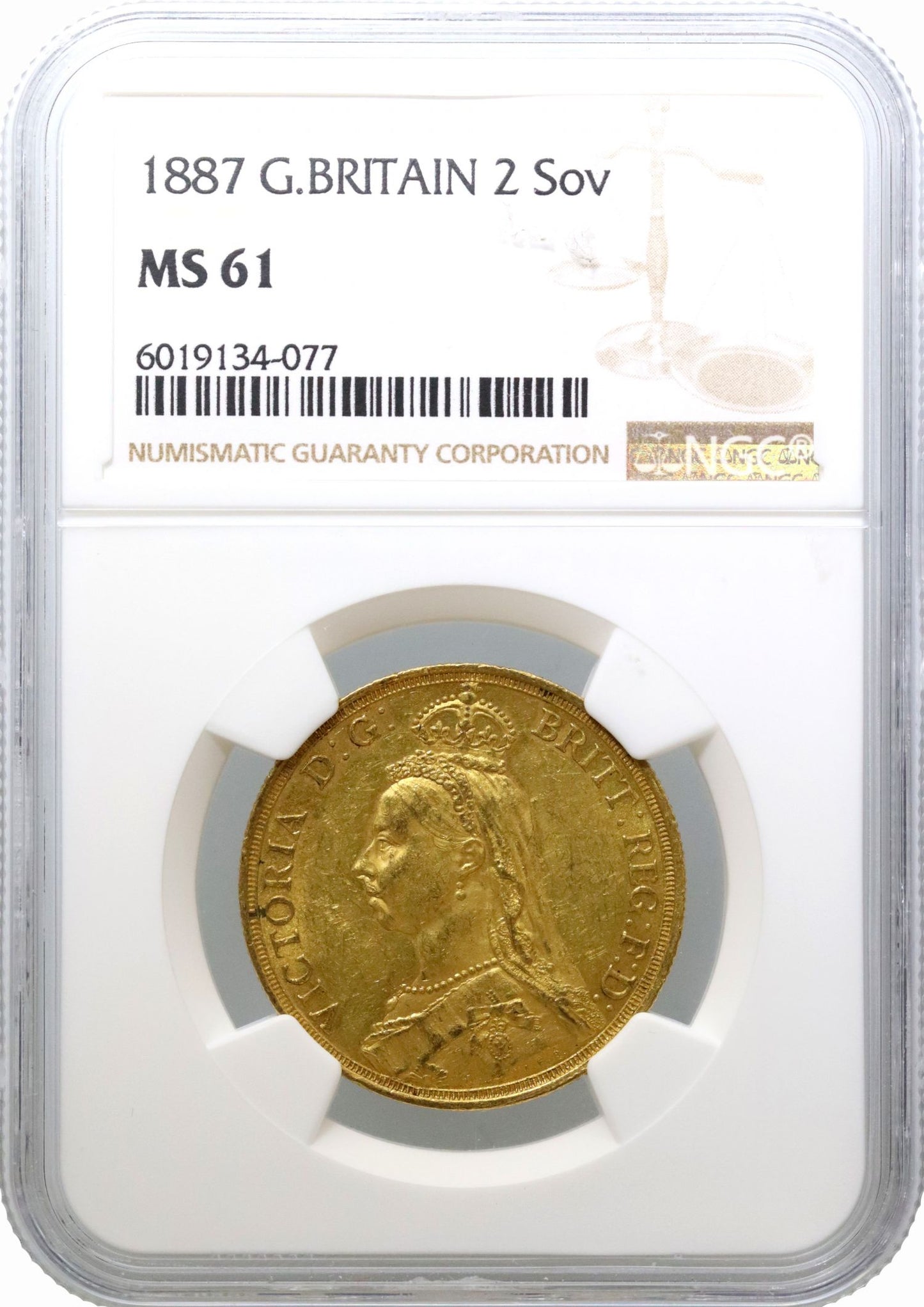 Victoria 1887 Two-Pounds, Golden Jubilee, MS61 large BP taller date