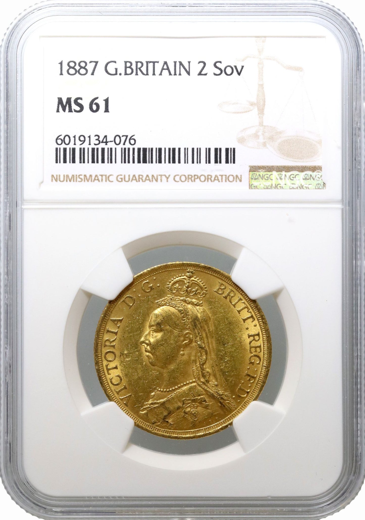 Victoria 1887 Two-Pounds, Golden Jubilee, MS61 large BP taller date