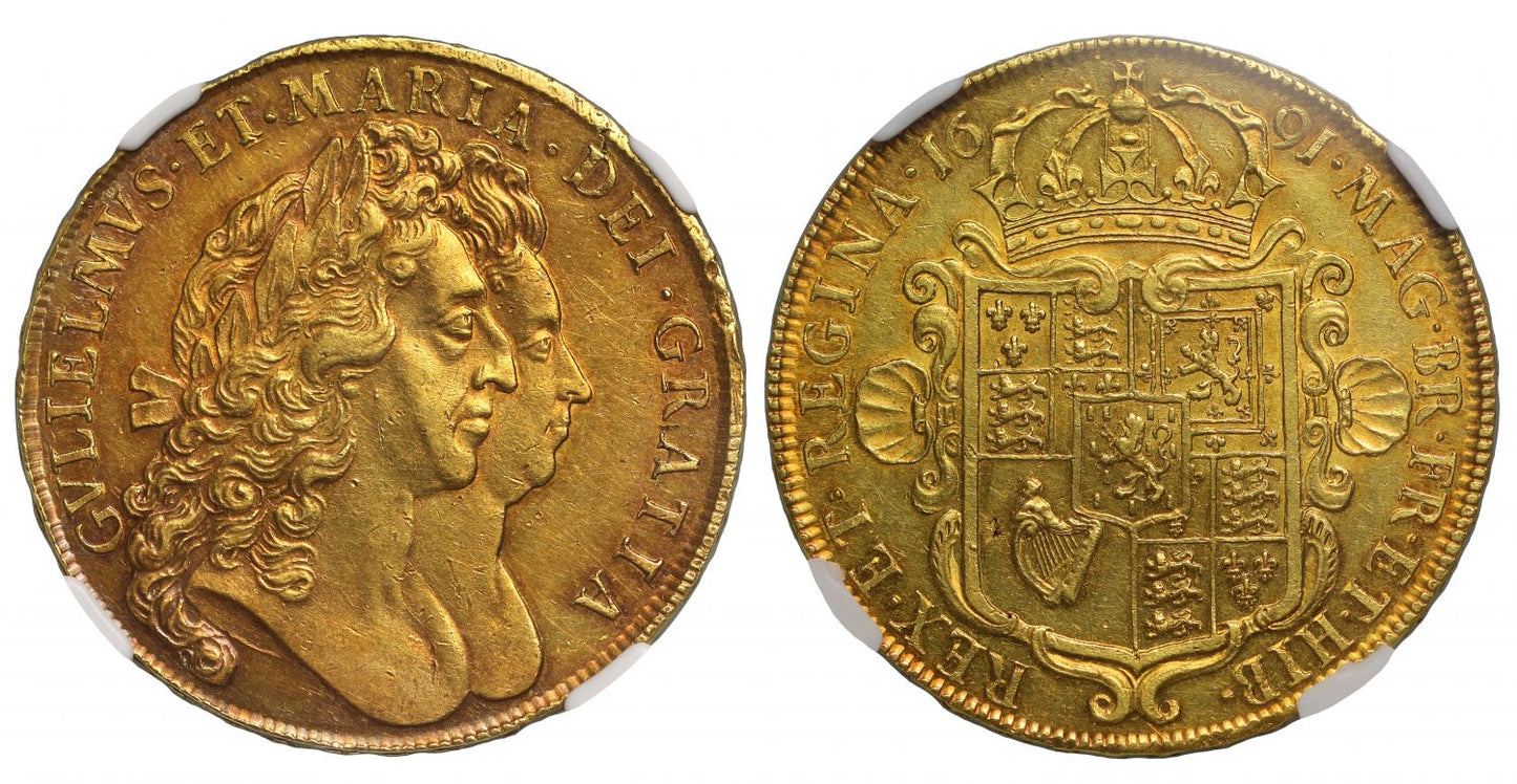 William and Mary 1691 Five Guineas, AU58, ex King and Paramount
