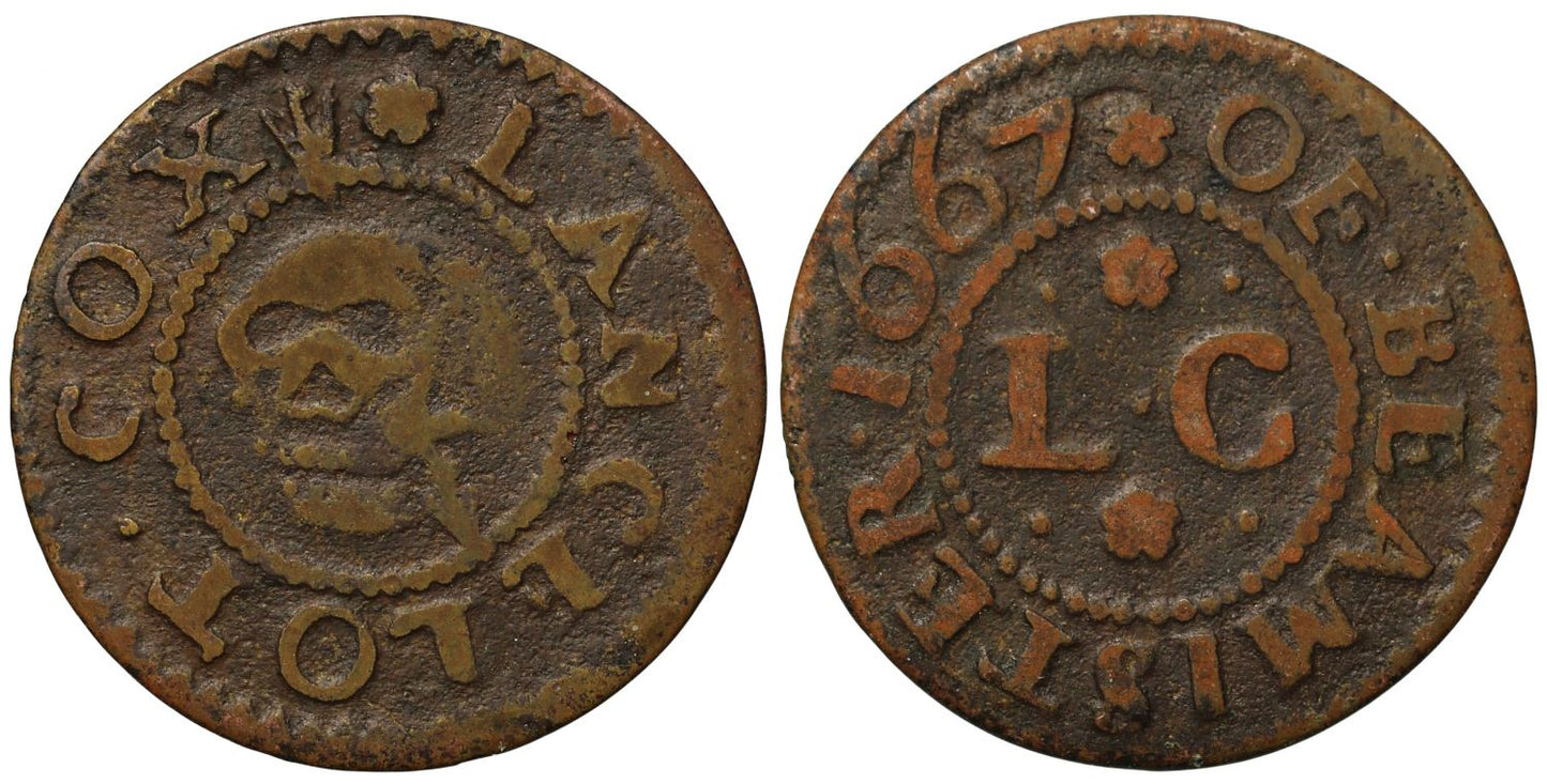Dorset 17th century Token, Beaminster, Lancelot Cox, Farthing 1667, skull/arrow