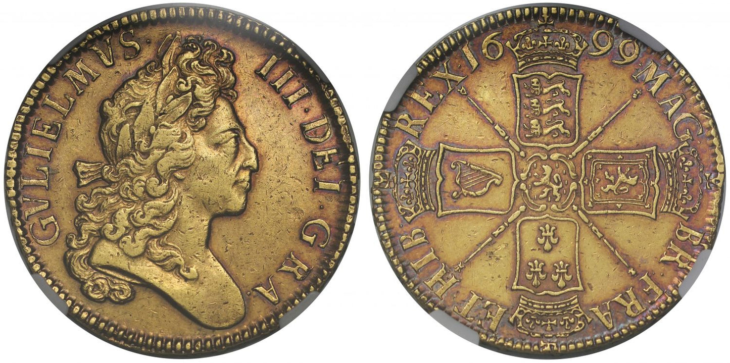 William III 1699 Five Guineas, AU53, 1st year for denomination in reign, ex Sincona British