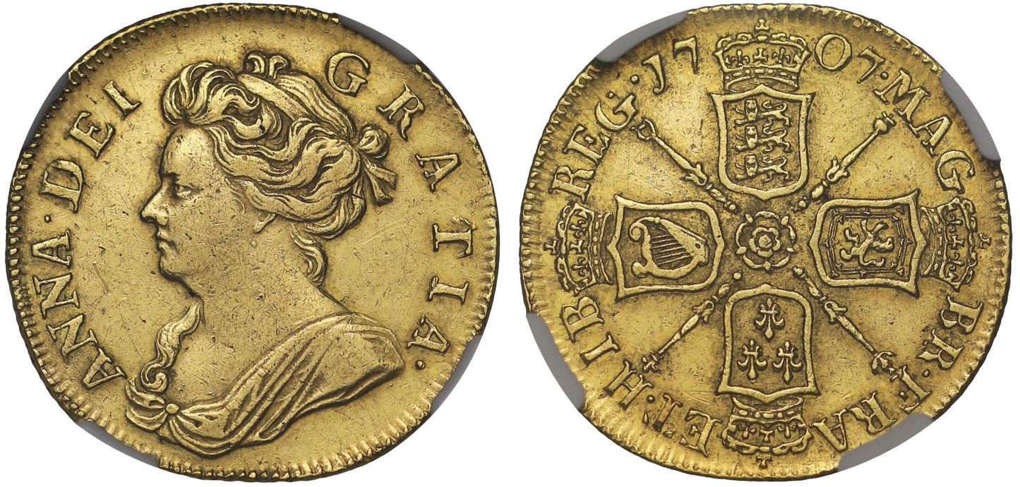 Anne 1707 Guinea, Pre-Union reverse very rare, AU Details cleaned