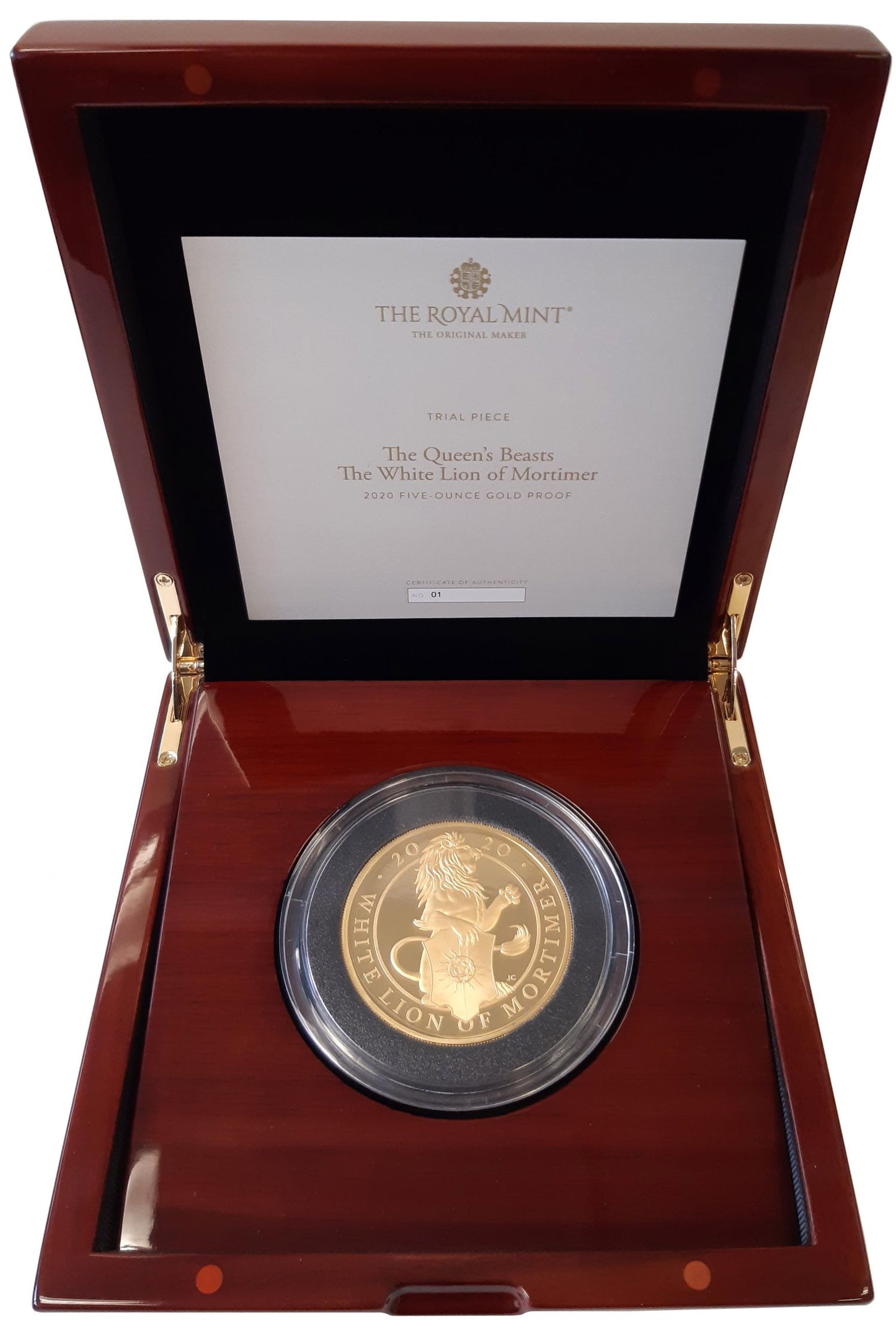 TRIAL PIECE: 2020 gold proof 5oz QB Lion of Mortimer PF70 UCAM