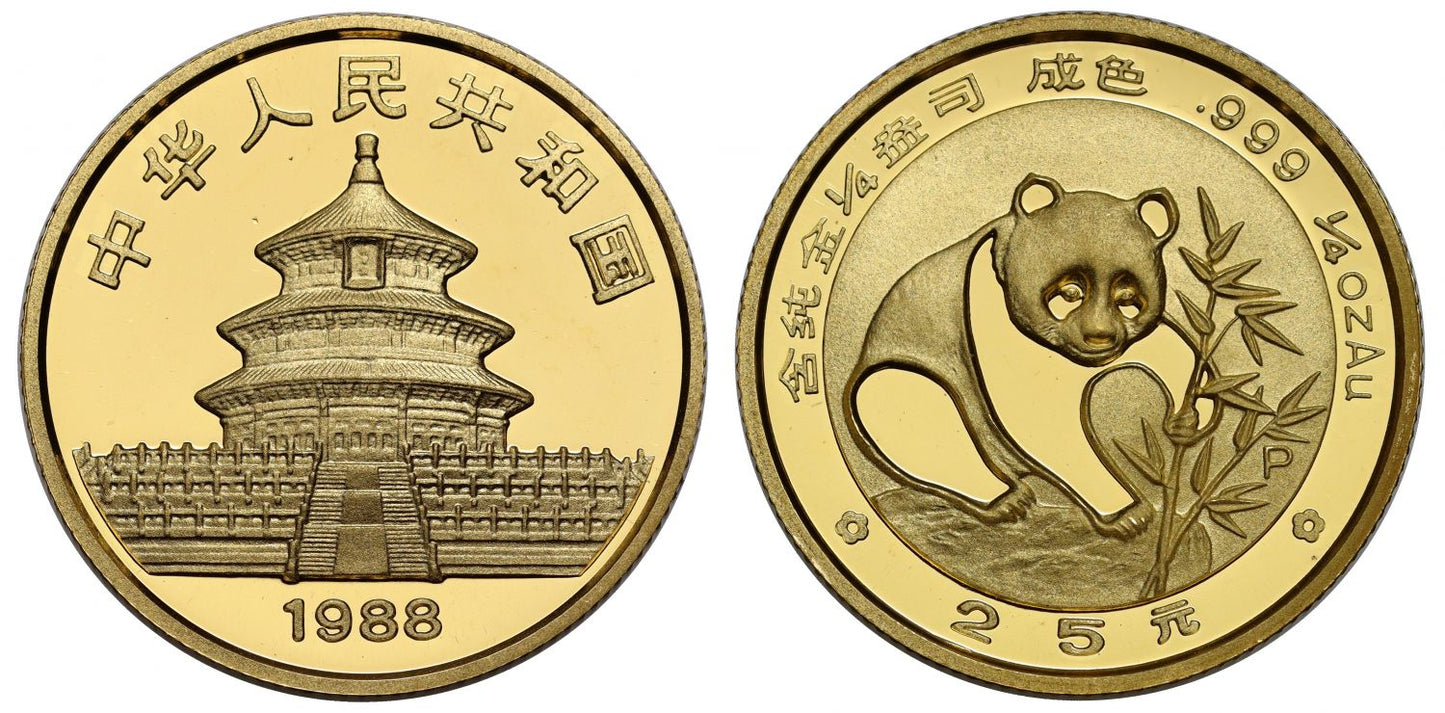 * China, gold 1/4oz Panda, assorted 1987 - 1992