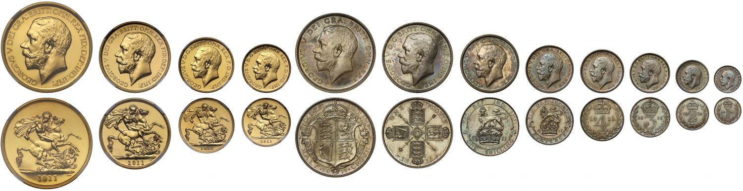 George V 1911 12-coin proof Set, Coronation, gold only slabbed PF62-66*