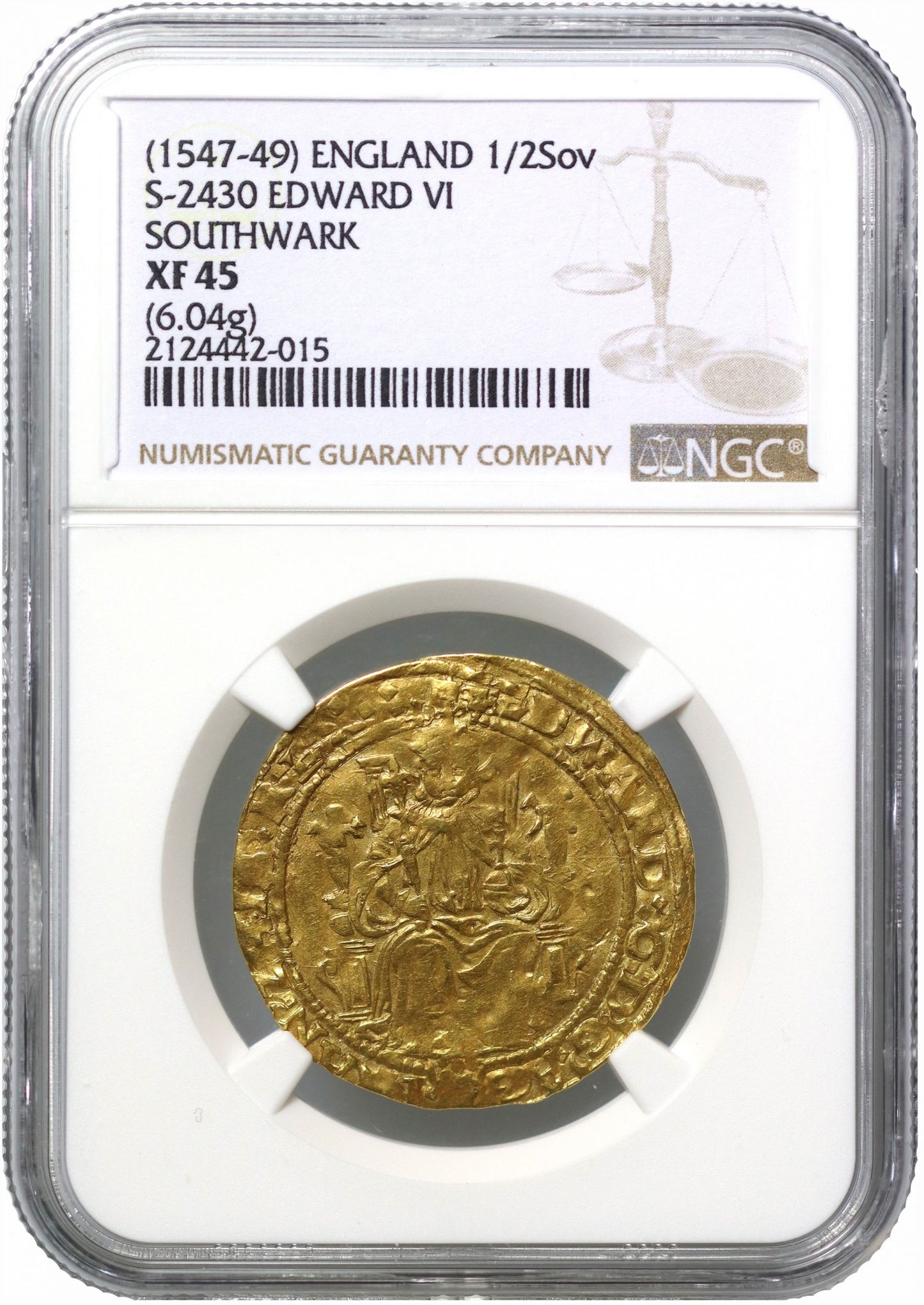 Edward VI Half-Sovereign, Southwark, mm E, XF45, EDWARD 6 legend