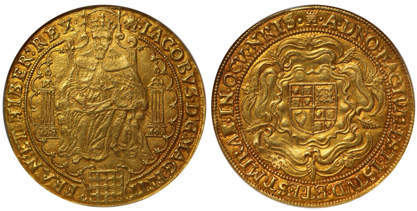 James I fine gold Rose Ryal, 2nd coinage finest graded of mm Tower NGC MS61