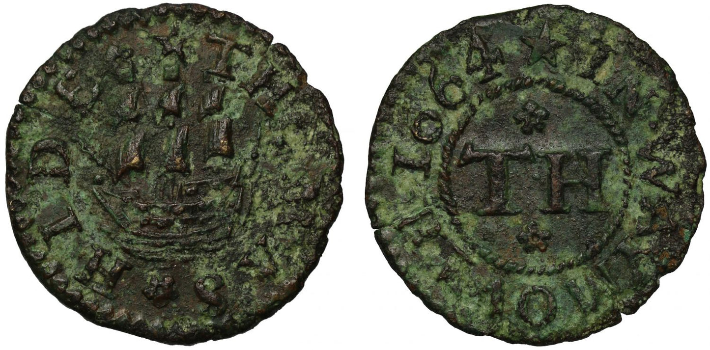 17th Century Token, Dorset, Weymouth, Thomas Hide, Farthing, 1664, a ship