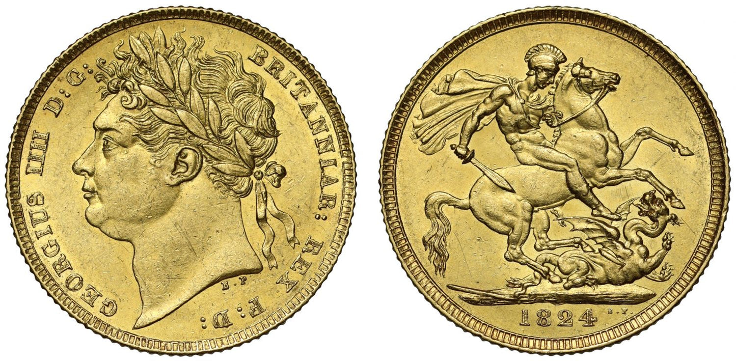 George IV 1824 Sovereign, 1st laureate head, no upper serif on 1 of date, ex Sovereign