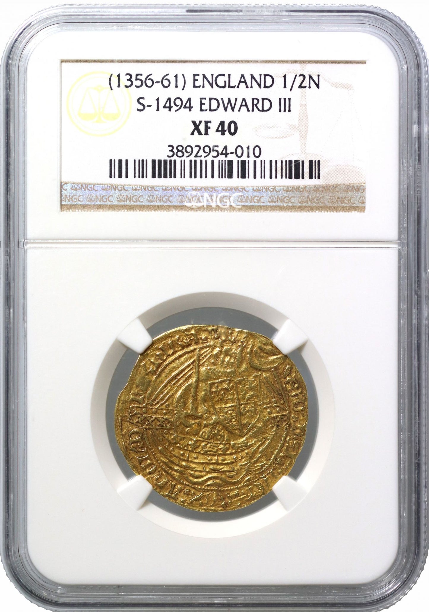 Edward III Half-Noble, Transitional Treaty, XF40, cursing type reverse, ex Doubleday