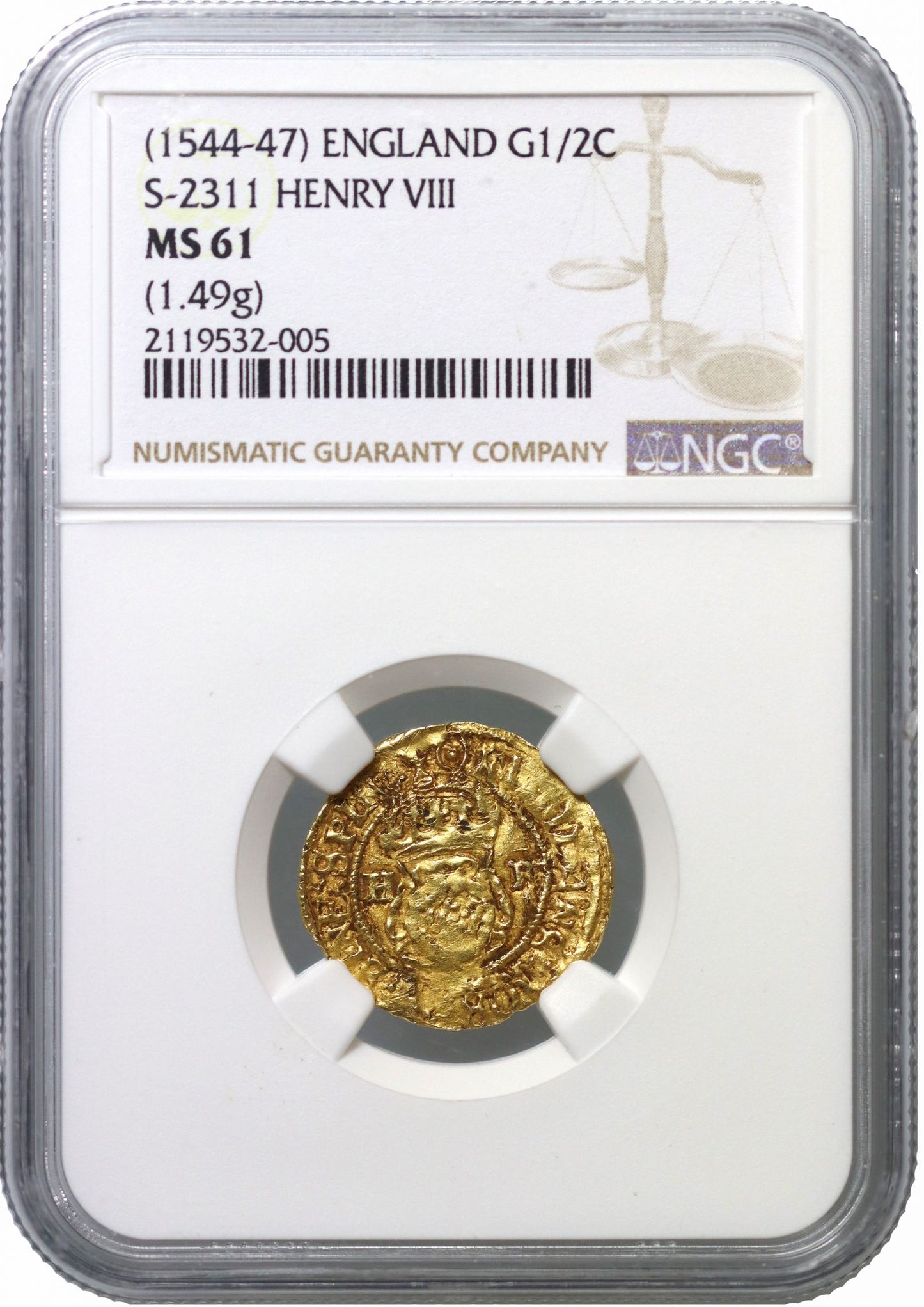 Henry VIII gold Halfcrown, mm pellet in annulet, MS61, capital letter Hs