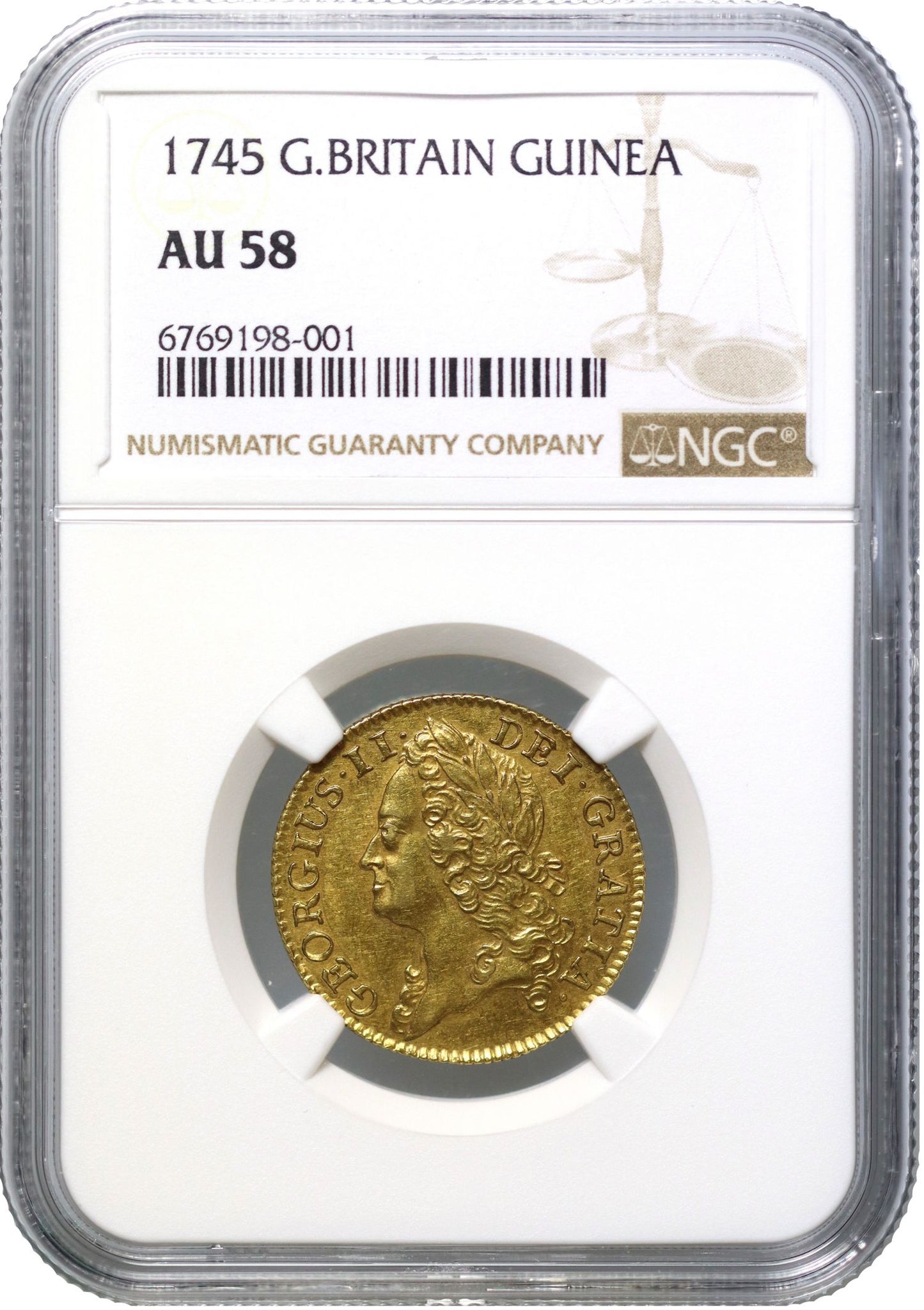 George II 1745 Guinea, intermediate bust, AU58