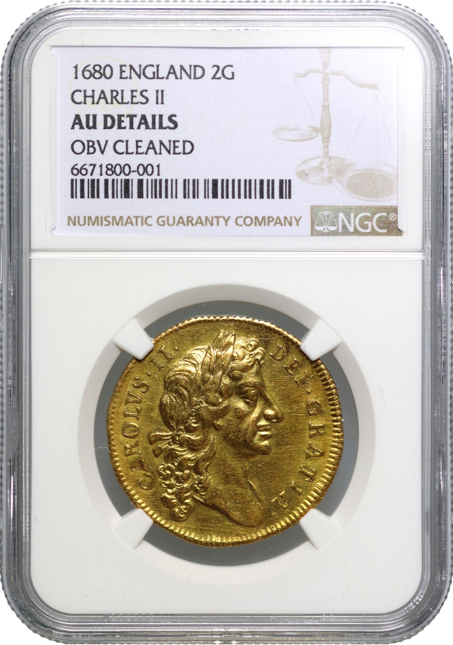 Charles II 1680 Two-Guineas, second bust, AU Details, very rare date