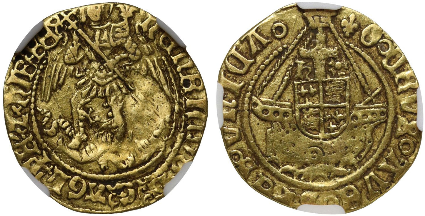 Henry VIII Third coinage Half-Angel, annulet on hull, mm lis NGC XF40