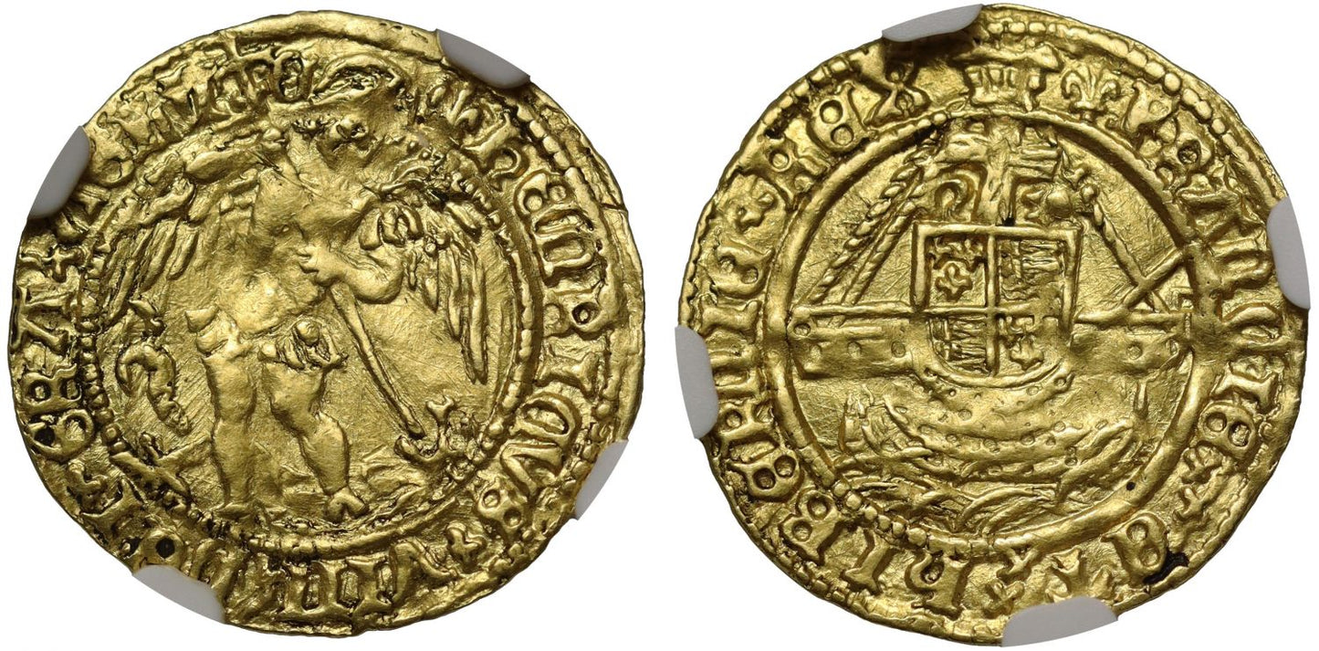 Henry VIII Third coinage Quarter-Angel, mm lis, NGC AU55