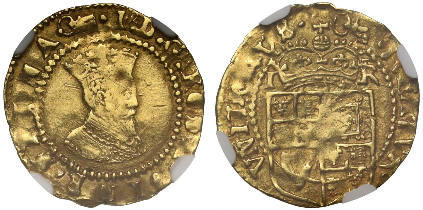 James I gold Halfcrown third bust, mm key struck over coronet NGC AU53