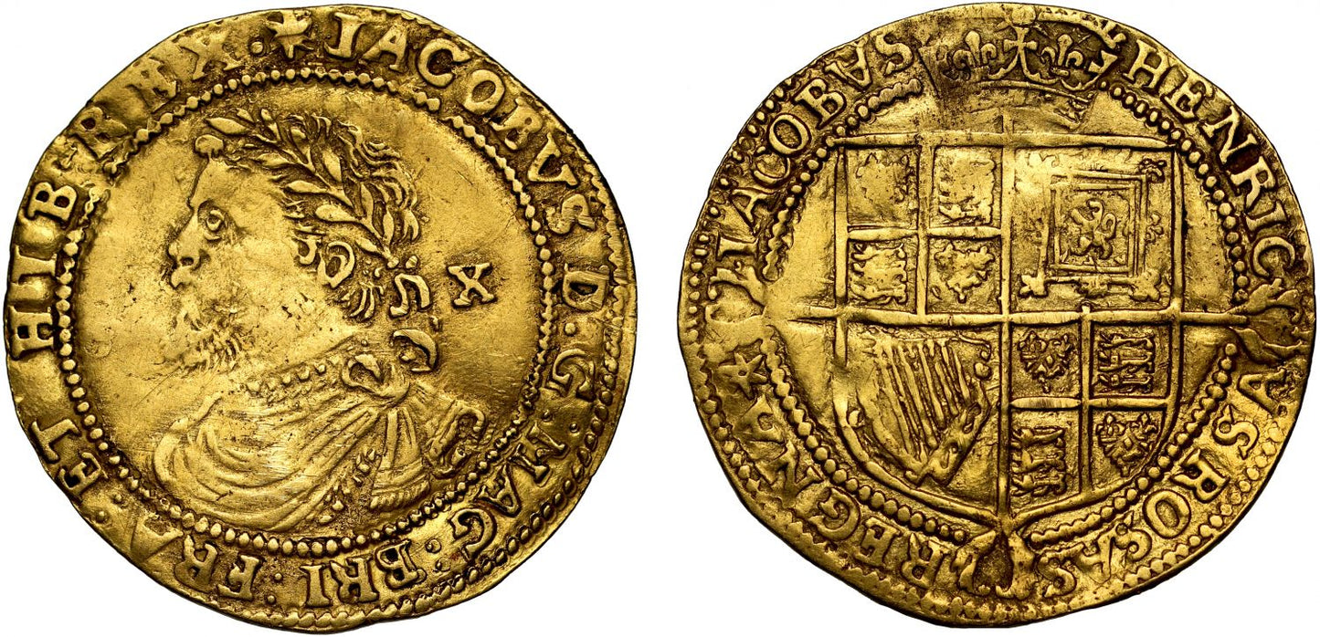 James I Half-Laurel Third coinage Tower Mint, inverted As for Vs on reverse