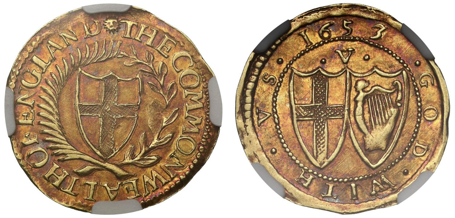Commonwealth 1653 gold Crown AU58, date with 3 over 2