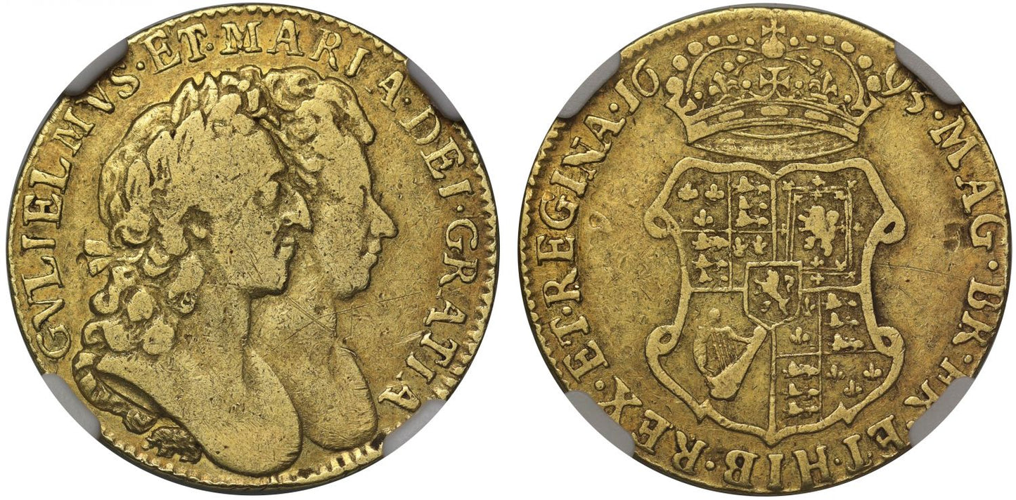 William and Mary 1693 Guinea Elephant below, VF25 finest graded Ext Rare