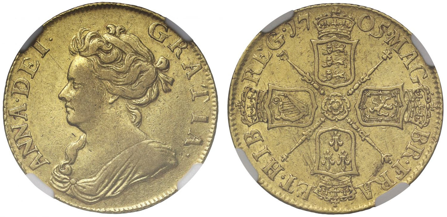 Anne 1705 Guinea Pre-Union with Scotland, XF45 extremely rare