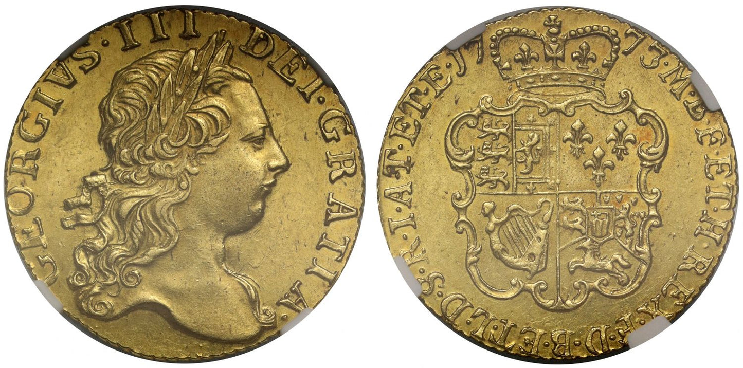 George III 1773 Guinea AU58, third head, rose type shield reverse