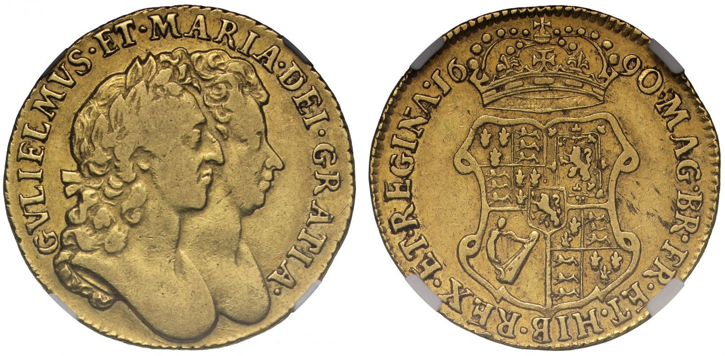William and Mary 1690 Guinea D over G in DEI, XF40