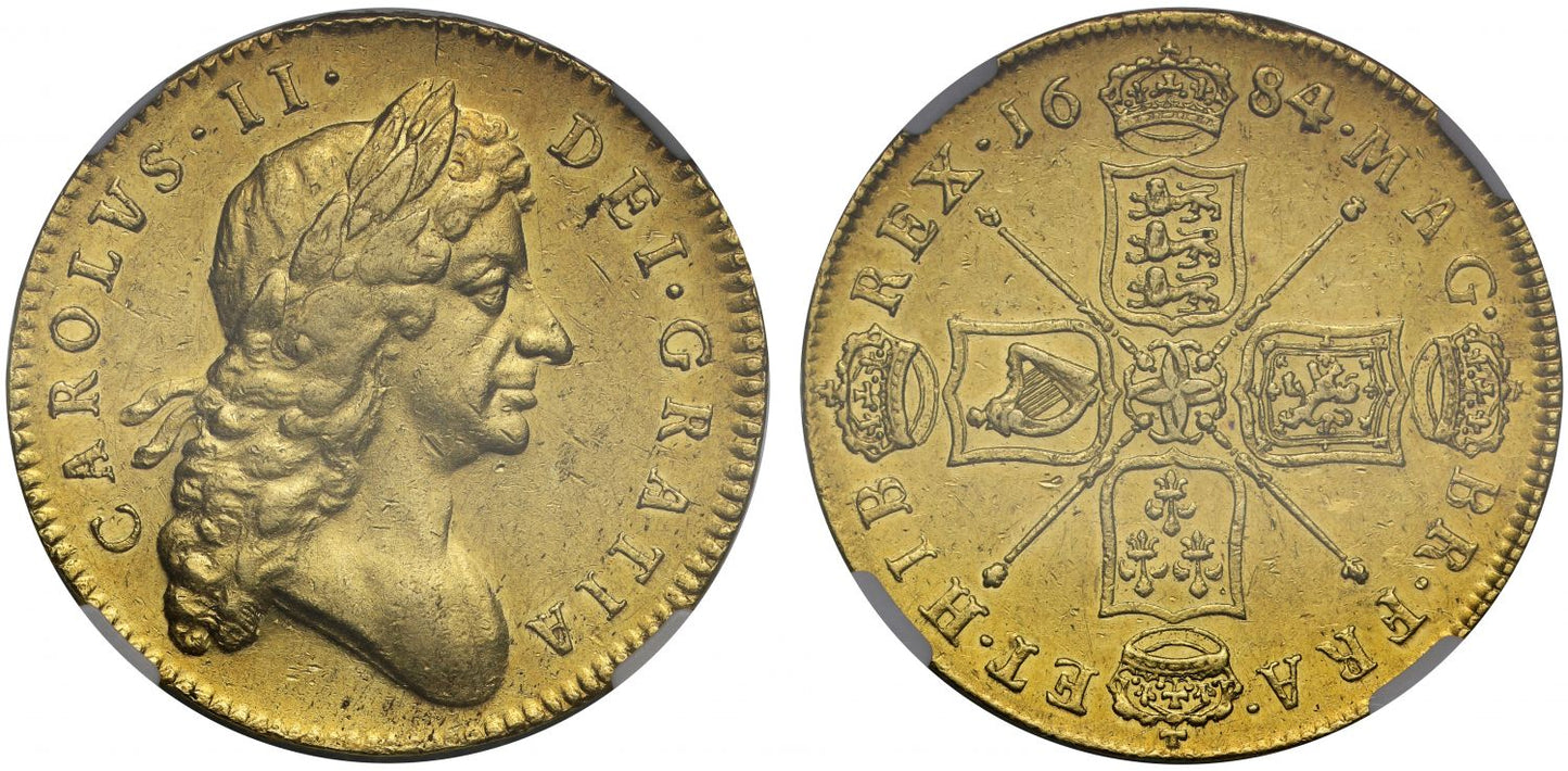 Charles II 1684/3 Five-Guineas, second head, final date, AU58
