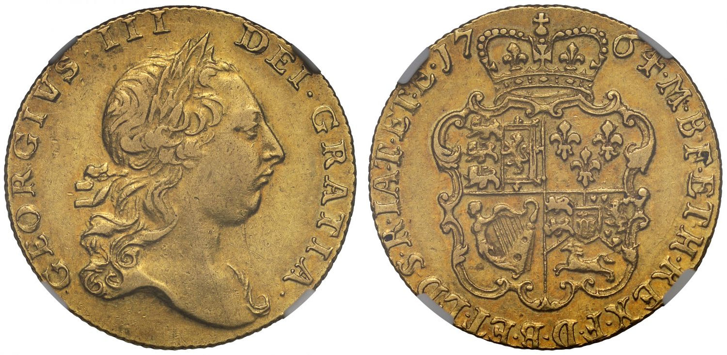 George III 1764 Guinea XF45, no stop above second head