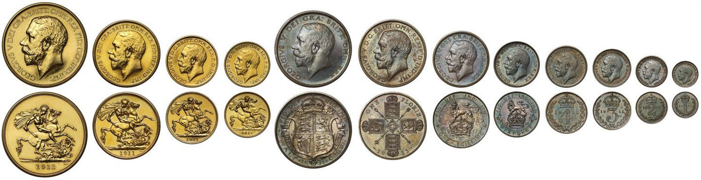 George V 1911 long gold 12-coin proof Set, Coronation issue