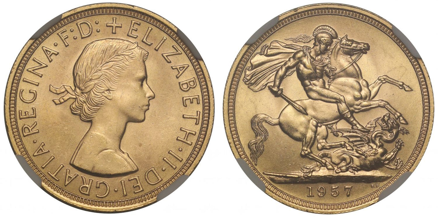 Elizabeth II 1957 Gillick Sovereign MS64