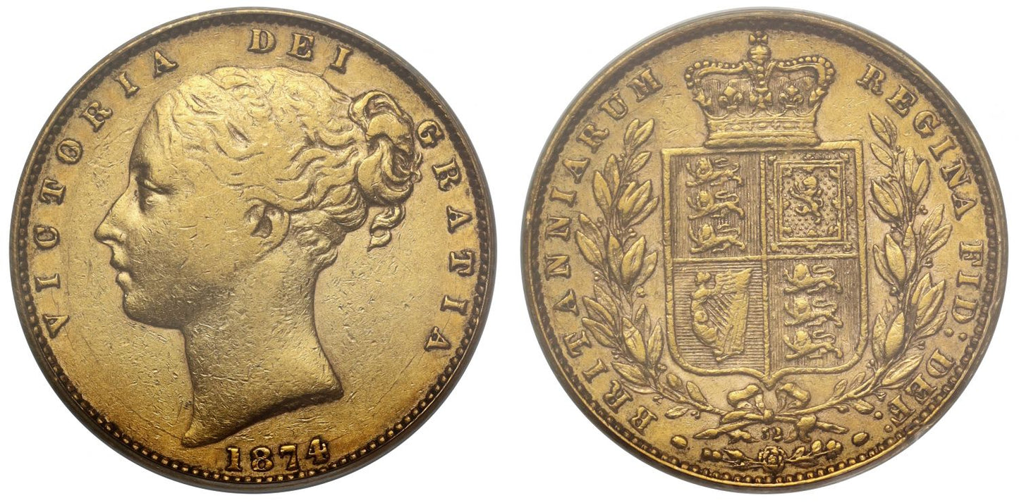 Victoria 1874 Sovereign, shield reverse, die 32, PCGS XF45