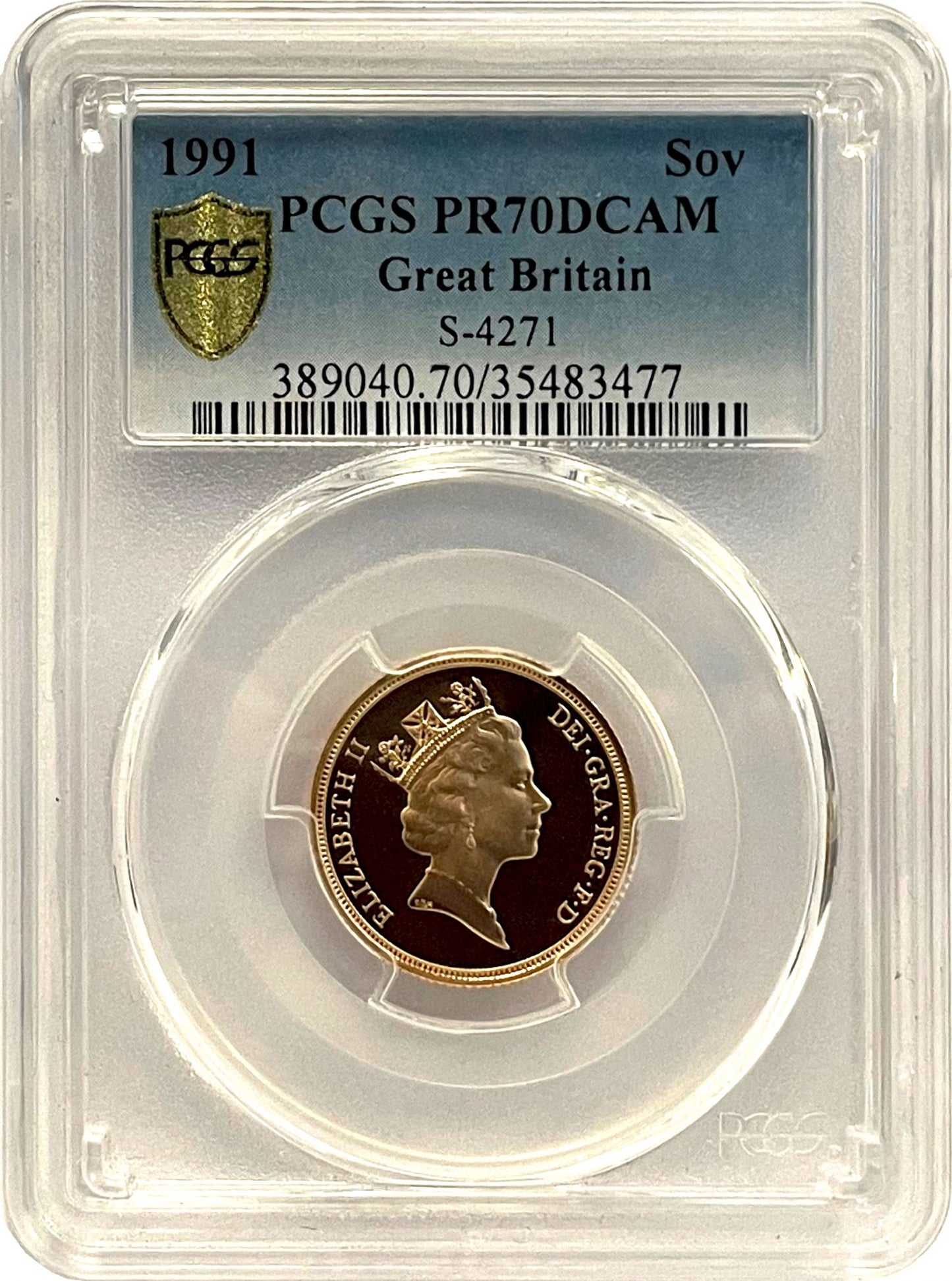 Elizabeth II 1991 proof Sovereign PR70 DCAM