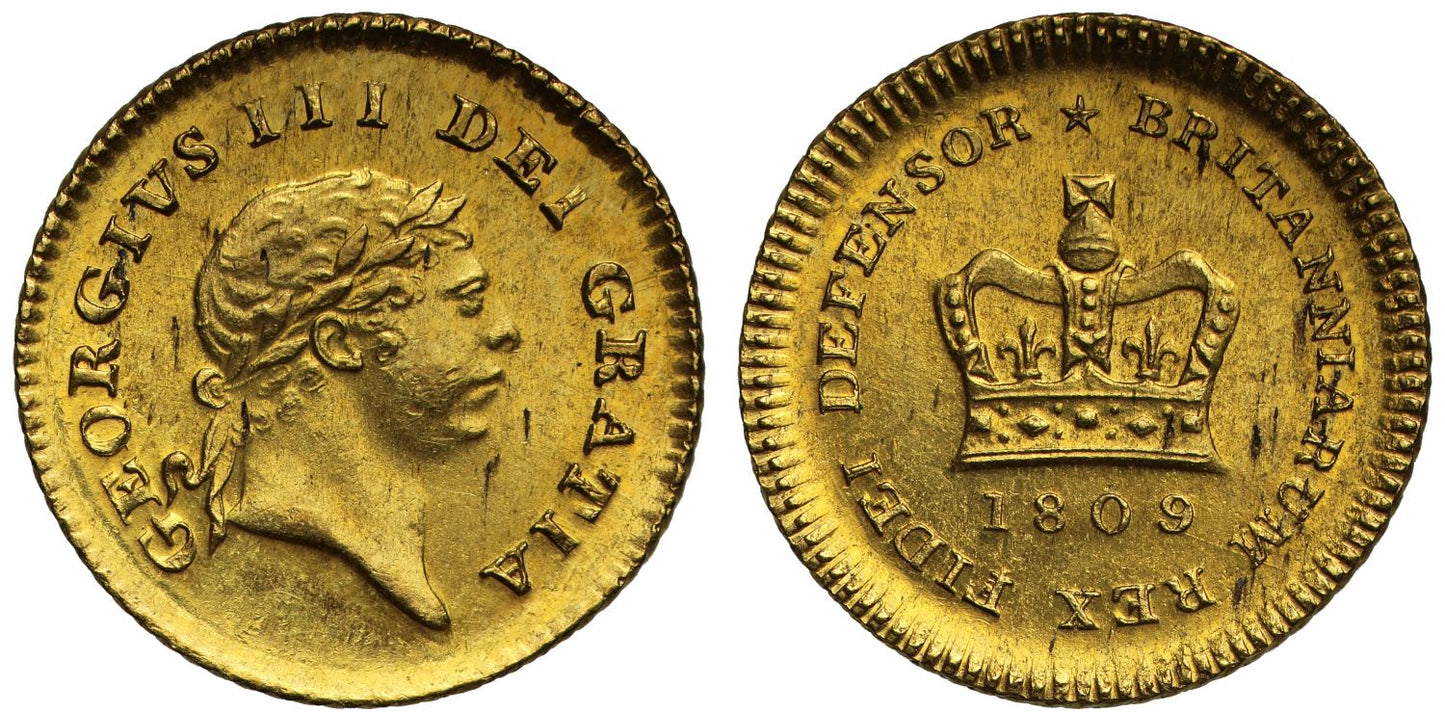 George III 1809 Third-Guinea, 3rd type, MS62, 2nd bust, ex Baldwin vault