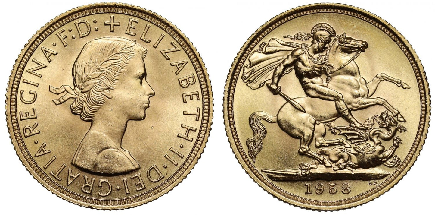 Elizabeth II 1958 Gillick Sovereign MS65, first portrait