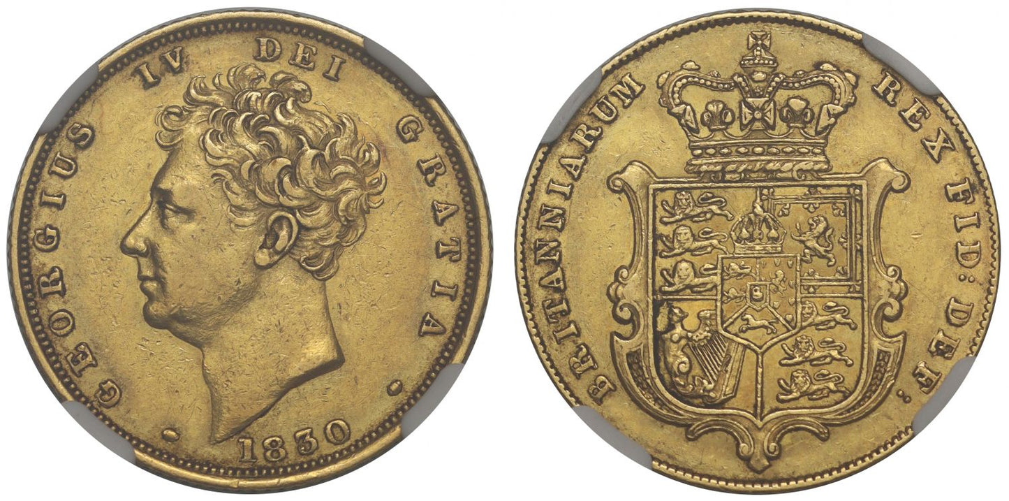 George IV 1830 Sovereign bare head AU55, final date of reign, scarce