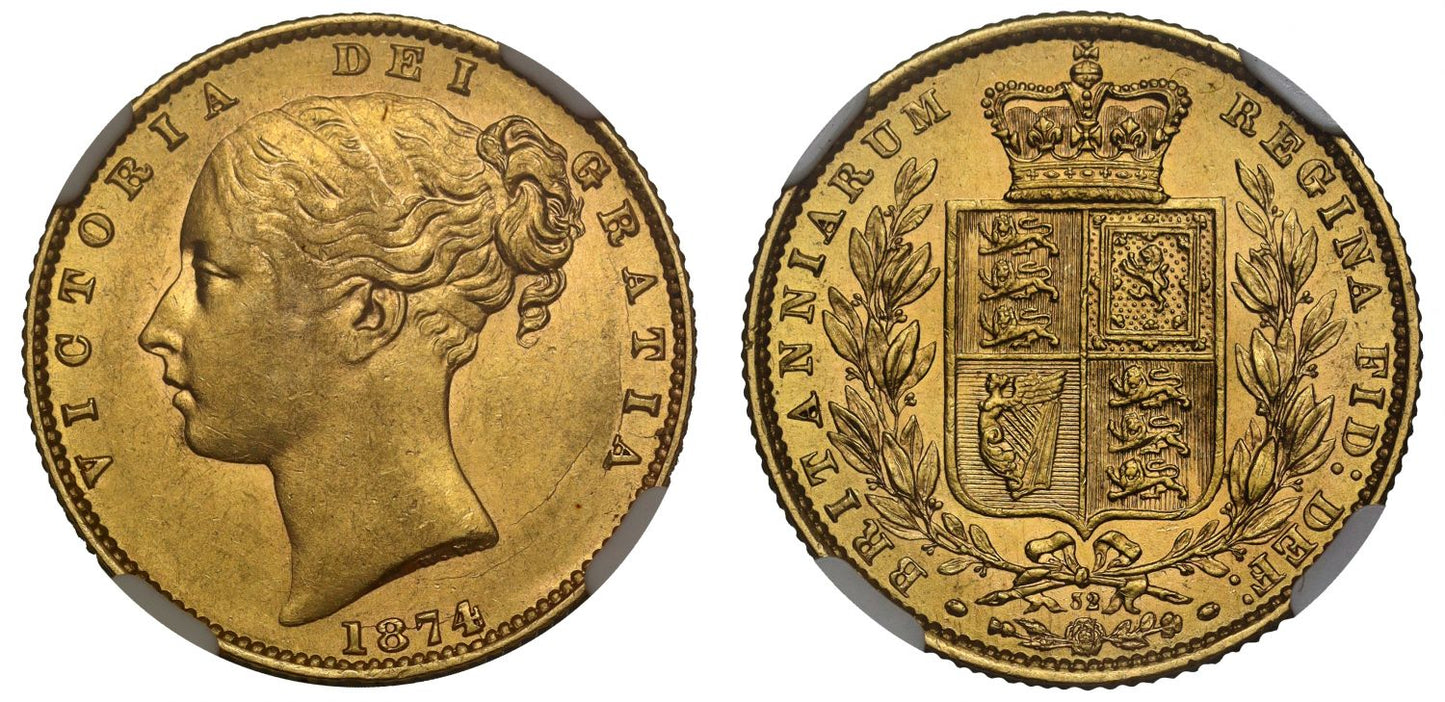 Victoria 1874 shield Sovereign, die number 32, NGC AU58