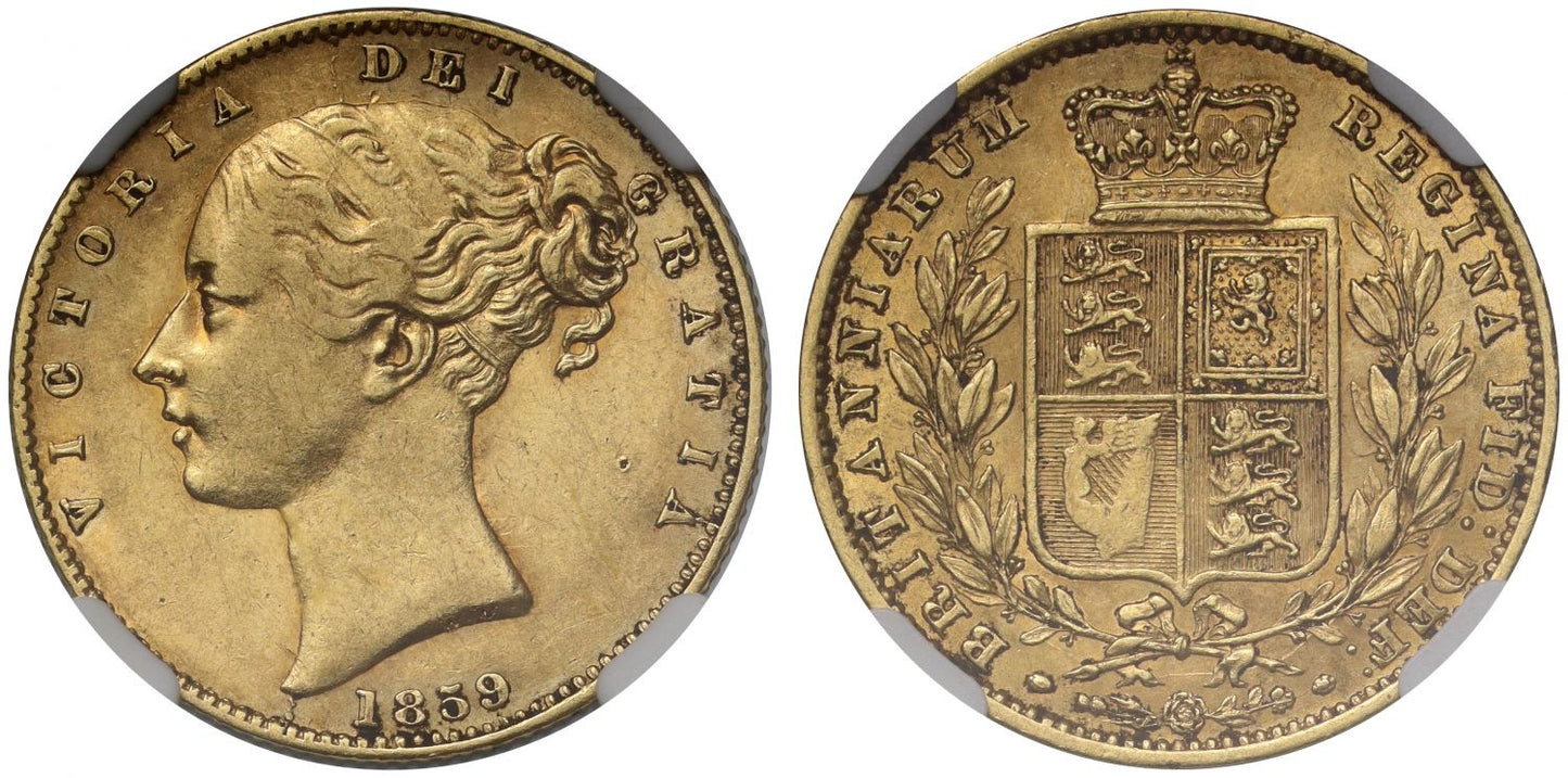 Victoria 1859 'Ansell' Sovereign AU53, with extra ribbon line