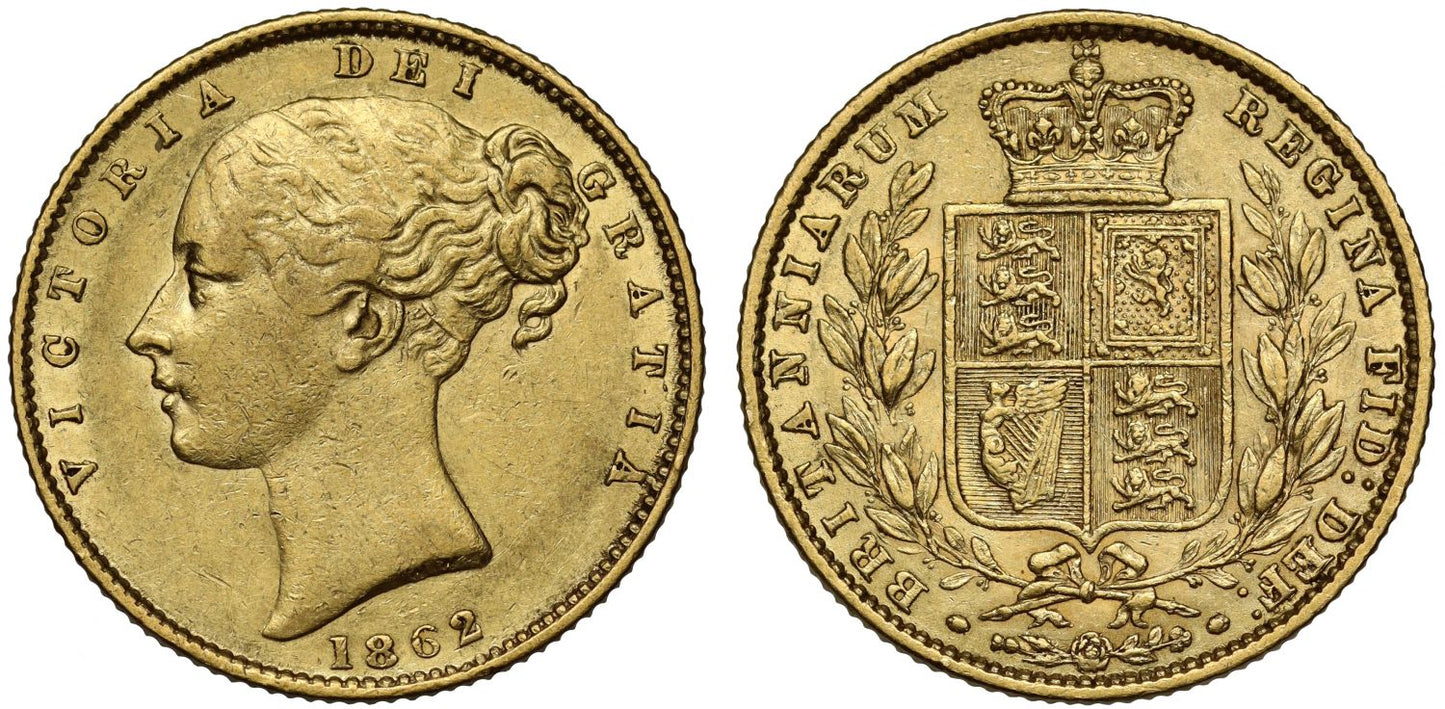 Victoria 1862 Sovereign, shield reverse with F over inverted A in DEF