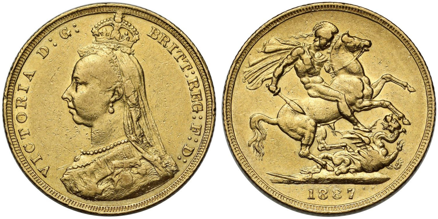 Victoria 1887 Sovereign London Mint, hooked J initials, DISH L4