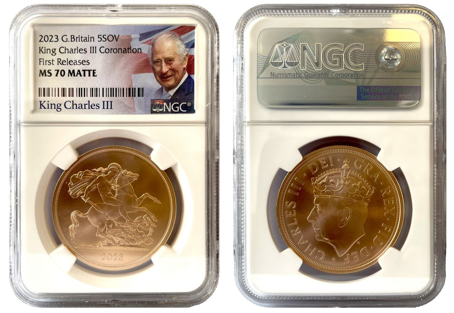 * Charles III 2023 gold £5 MS70 Matte FR Coronation