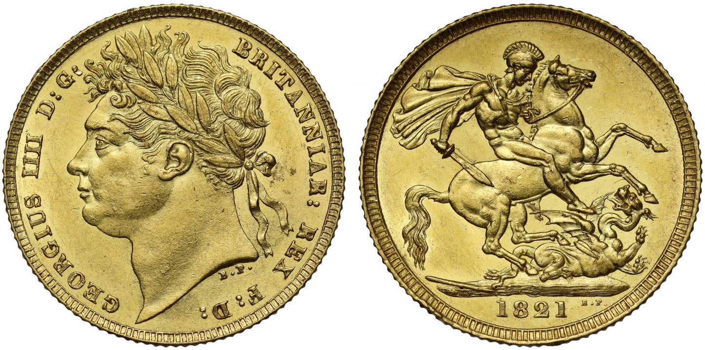 George IV 1821 Sovereign, first type, first year, broken out of an MS61 slab
