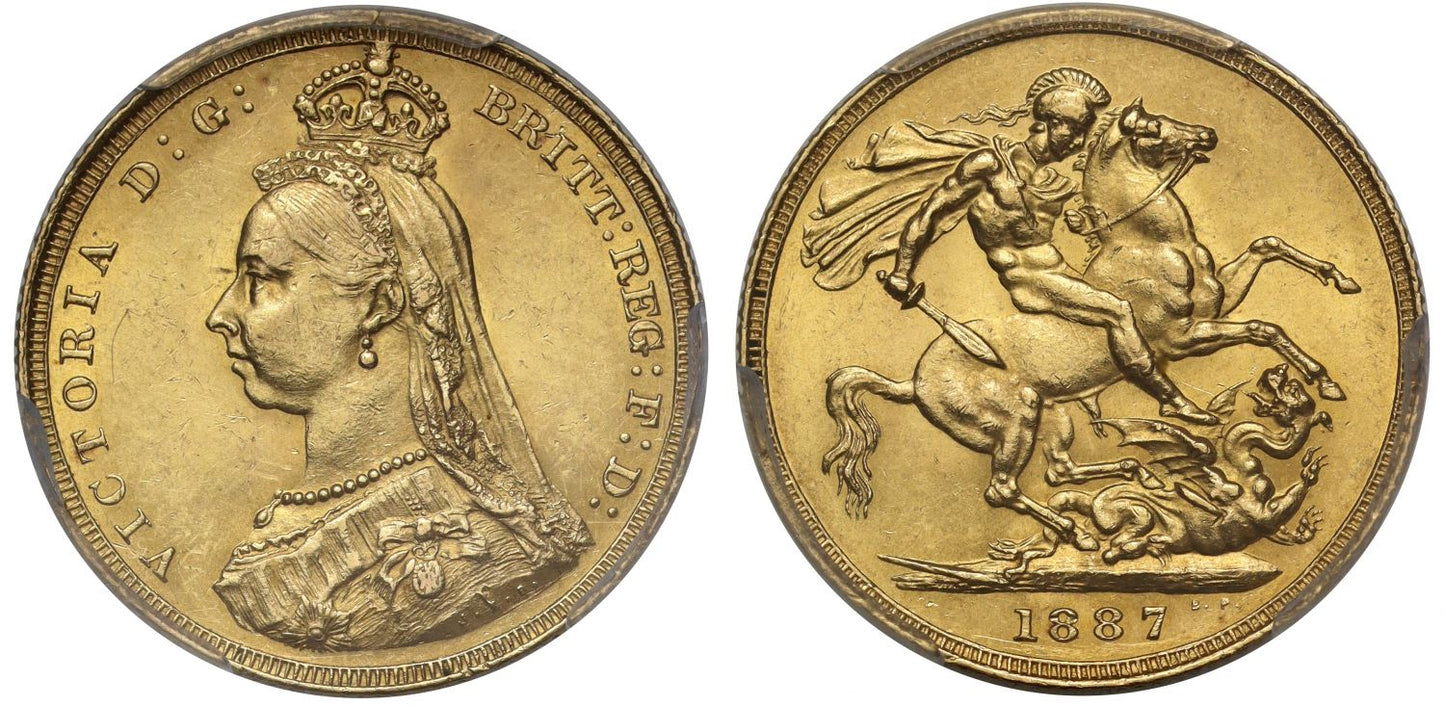 Victoria 1887 Sovereign, hooked J initials, DISH L3=R5, PCGS MS61
